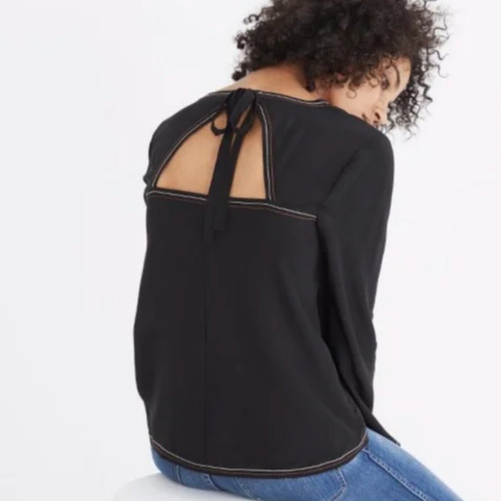Madewell Black Silk Stitched V-Neck Tie Open Back Long Bell Sleeve Top Size M - Picture 2 of 14
